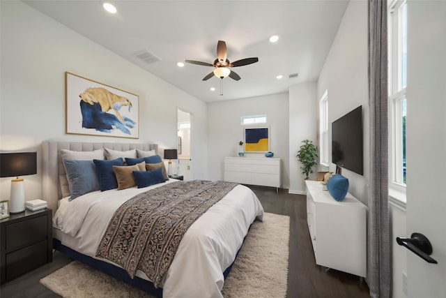 bedroom featuring dark wood-style floors, recessed lighting, visible vents, and ceiling fan