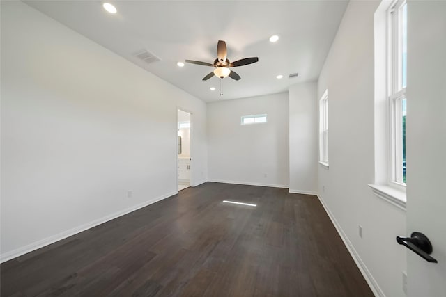 unfurnished room featuring visible vents, baseboards, ceiling fan, recessed lighting, and dark wood-style flooring