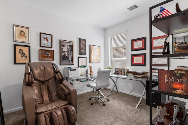 office featuring visible vents, baseboards, and carpet flooring