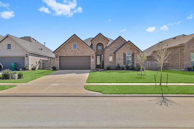 french provincial home featuring brick siding, driveway, a front yard, and fence