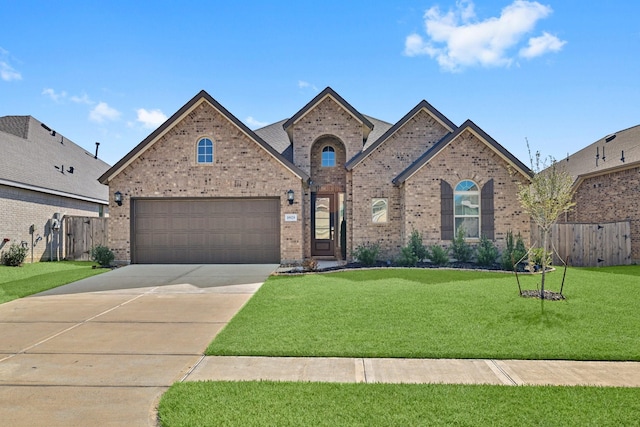 view of front of home featuring a front lawn, brick siding, driveway, and fence