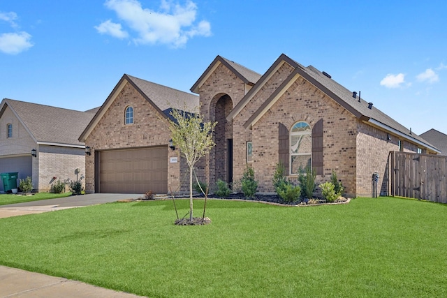 french country inspired facade featuring brick siding, an attached garage, concrete driveway, and a front yard