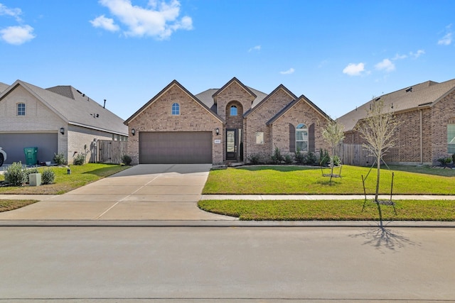 french country style house with a front yard, concrete driveway, fence, and brick siding