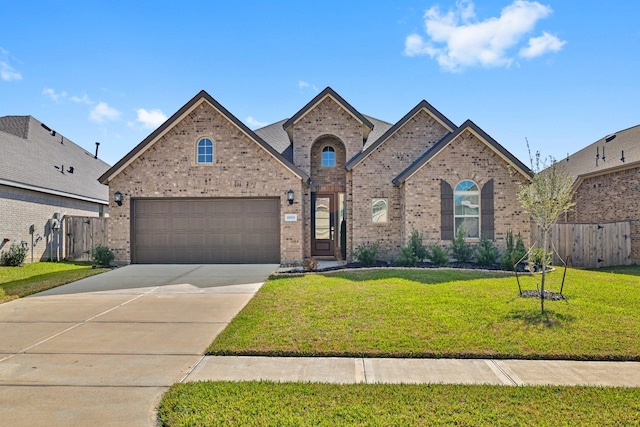 view of front of property with brick siding, concrete driveway, a front lawn, and fence