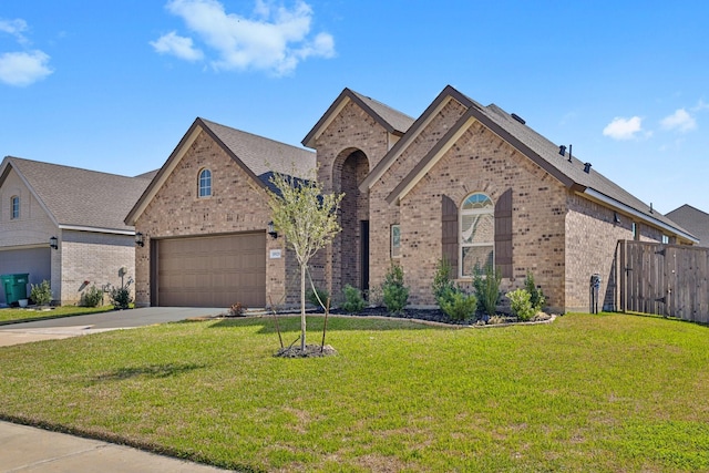 french country style house with a front lawn, fence, concrete driveway, an attached garage, and brick siding