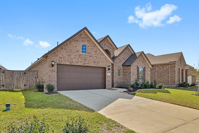 french country home featuring concrete driveway, fence, brick siding, and a front lawn