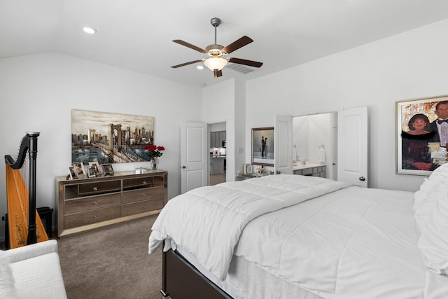 carpeted bedroom with vaulted ceiling, recessed lighting, visible vents, and ceiling fan