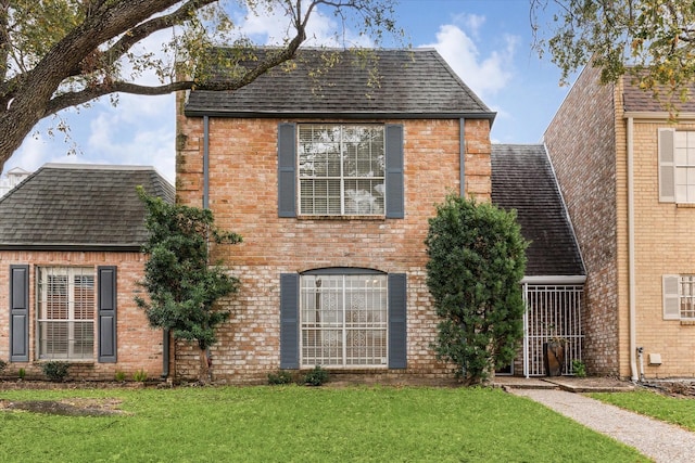 traditional-style home featuring brick siding, a shingled roof, and a front lawn