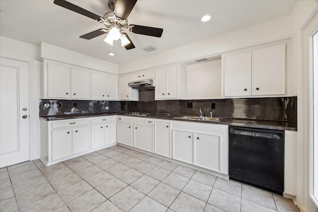 kitchen featuring a sink, visible vents, black dishwasher, and white cabinetry