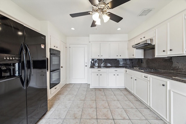 kitchen with visible vents, black appliances, a ceiling fan, under cabinet range hood, and white cabinets