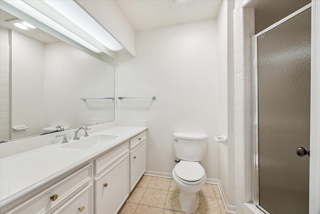 full bath featuring vanity, baseboards, a stall shower, tile patterned flooring, and toilet