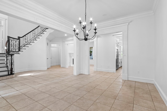 unfurnished dining area featuring stairs, crown molding, light tile patterned floors, and a chandelier