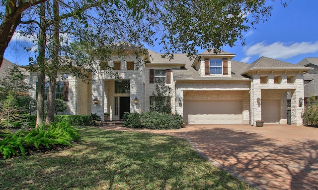 view of front of house with a shingled roof, a front yard, decorative driveway, a garage, and stone siding