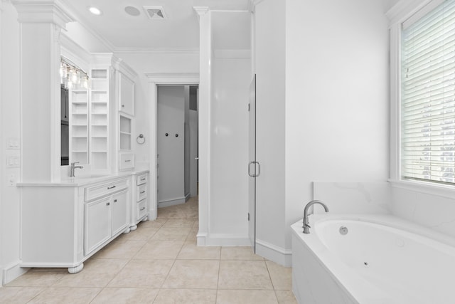 full bath with vanity, a tub with jets, ornamental molding, tile patterned flooring, and a shower stall