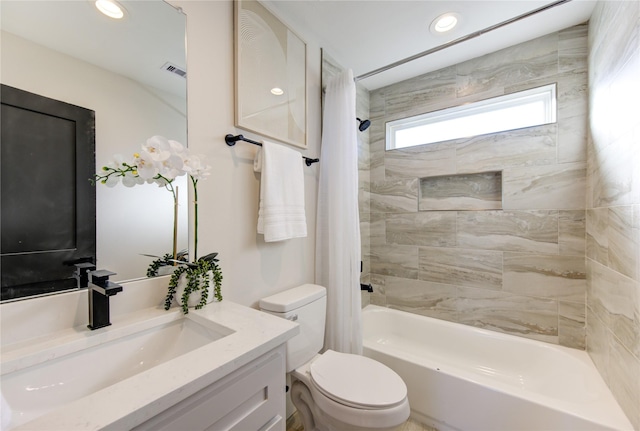 full bath with vanity, visible vents, recessed lighting, shower / bath combination with curtain, and toilet