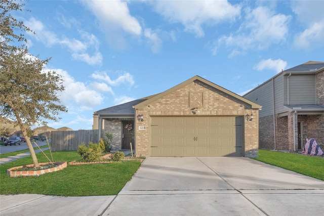 ranch-style house with brick siding, fence, concrete driveway, a front yard, and an attached garage