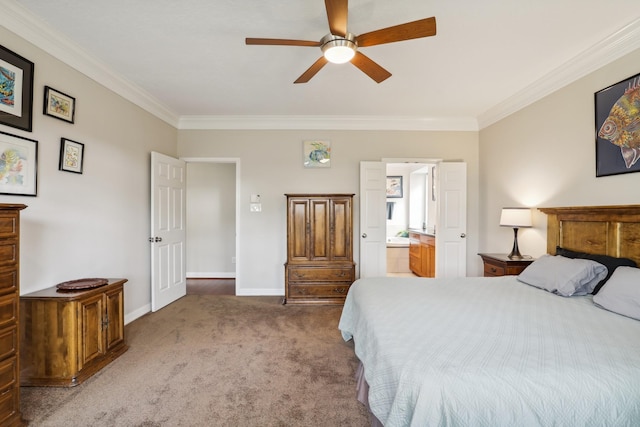 bedroom featuring baseboards, carpet floors, ceiling fan, crown molding, and connected bathroom