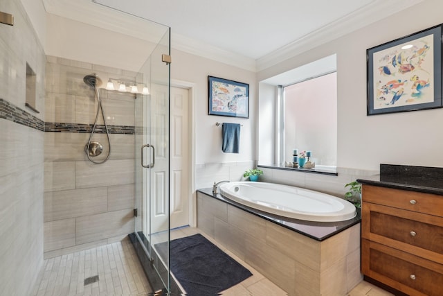 full bath with vanity, a stall shower, ornamental molding, tile patterned flooring, and a bath