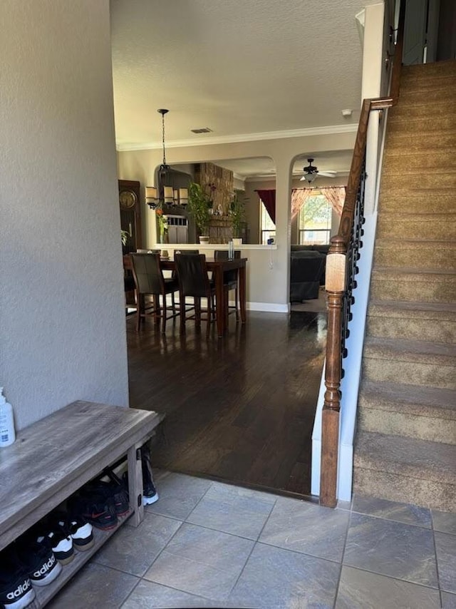 interior space featuring crown molding, baseboards, visible vents, and ceiling fan