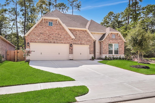 view of front of property featuring fence, an attached garage, concrete driveway, a front lawn, and brick siding