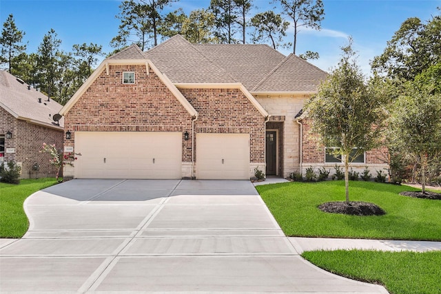 french country inspired facade featuring a front lawn, stone siding, concrete driveway, a garage, and brick siding