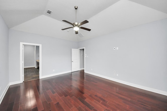 empty room with visible vents, baseboards, ceiling fan, and wood finished floors