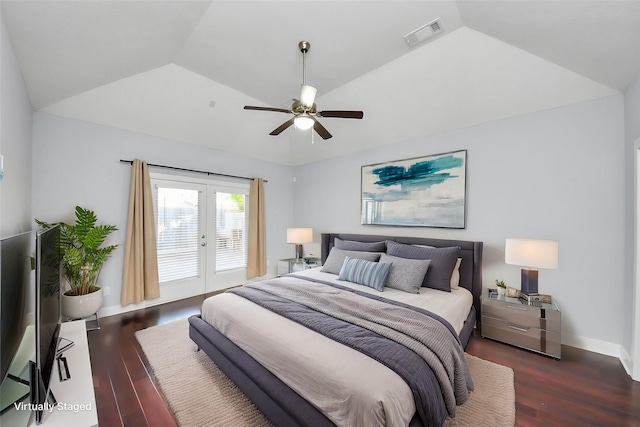 bedroom with access to exterior, visible vents, french doors, and vaulted ceiling