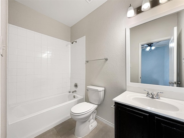 full bath featuring tile patterned flooring, baseboards, shower / washtub combination, toilet, and vanity