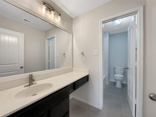 bathroom featuring tile patterned floors, visible vents, toilet, and vanity