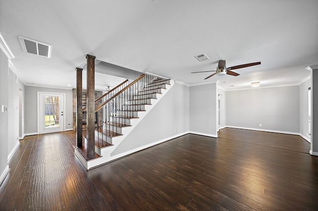 unfurnished living room featuring visible vents, stairs, a ceiling fan, and hardwood / wood-style floors