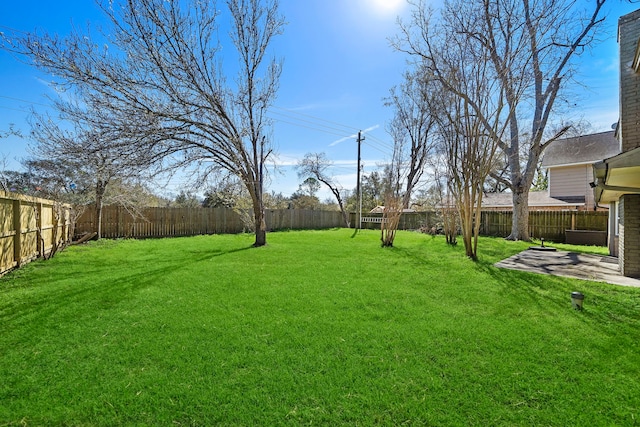 view of yard with a fenced backyard and a patio area