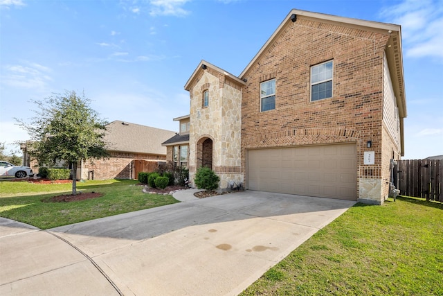 view of front of property featuring stone siding, brick siding, a front lawn, and fence