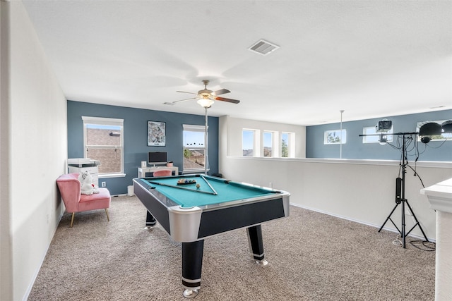 game room with billiards, baseboards, visible vents, carpet floors, and ceiling fan