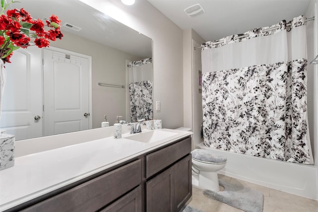 full bathroom featuring vanity, visible vents, tile patterned flooring, shower / bath combination with curtain, and toilet