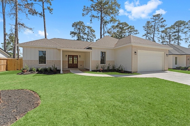 ranch-style home with fence, concrete driveway, french doors, a garage, and brick siding