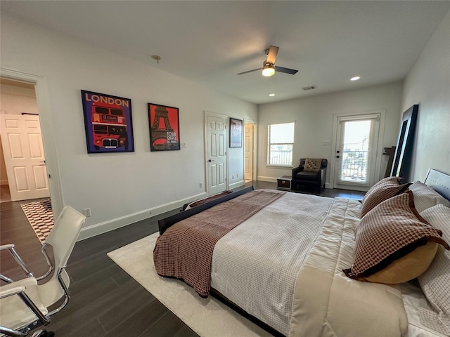 bedroom featuring visible vents, wood finished floors, recessed lighting, baseboards, and ceiling fan