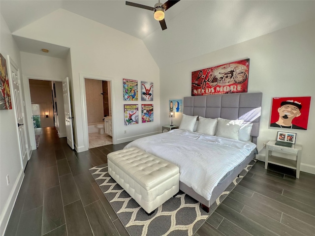 bedroom featuring baseboards, a ceiling fan, lofted ceiling, and wood tiled floor