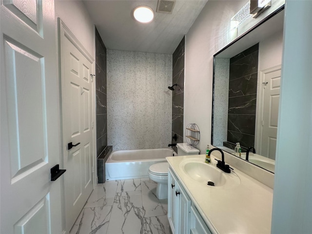 full bathroom featuring visible vents, washtub / shower combination, toilet, marble finish floor, and vanity