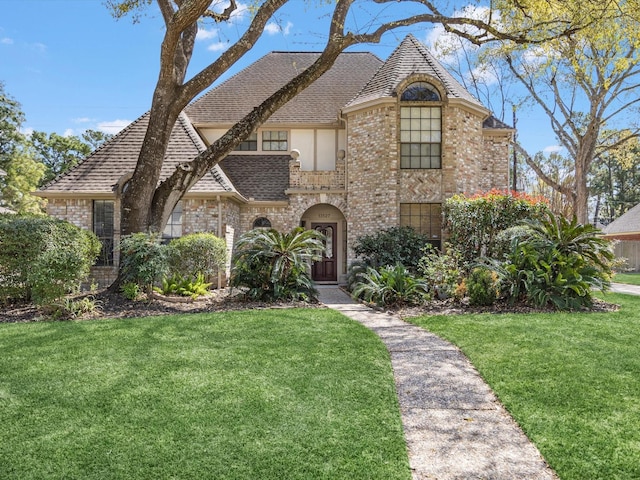 french country style house with a front yard, brick siding, and roof with shingles