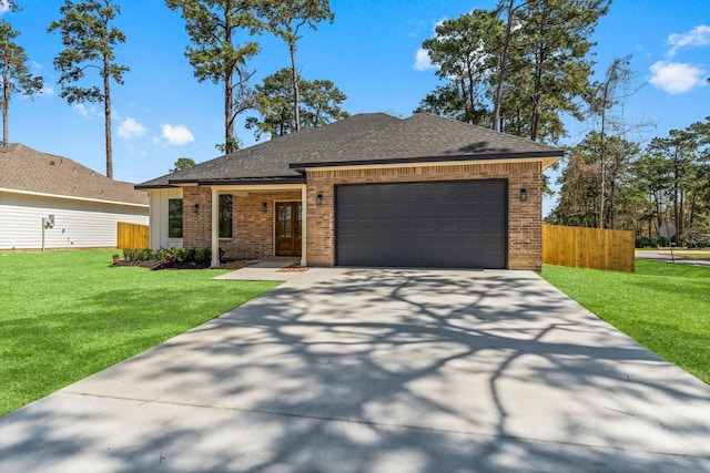 view of front of home with brick siding, concrete driveway, a garage, and fence