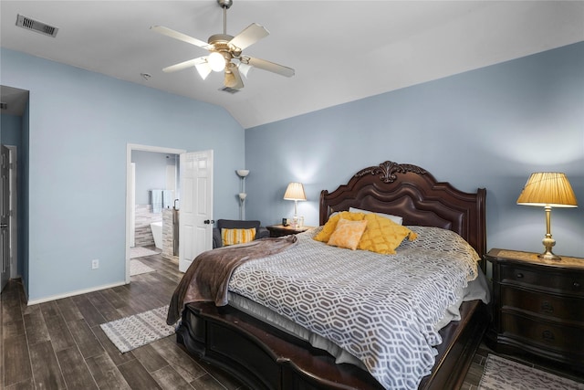 bedroom with visible vents, wood finished floors, baseboards, lofted ceiling, and ceiling fan