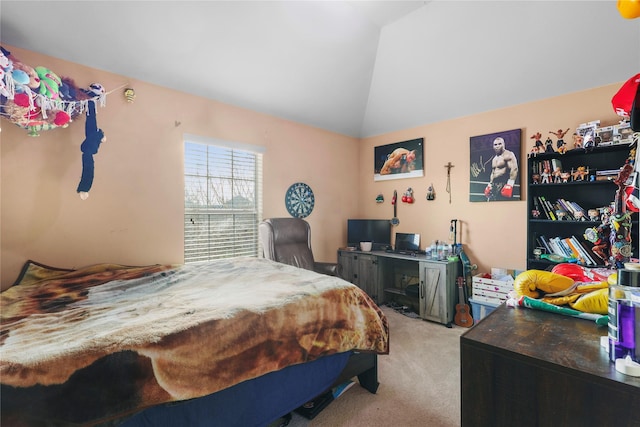 carpeted bedroom featuring vaulted ceiling