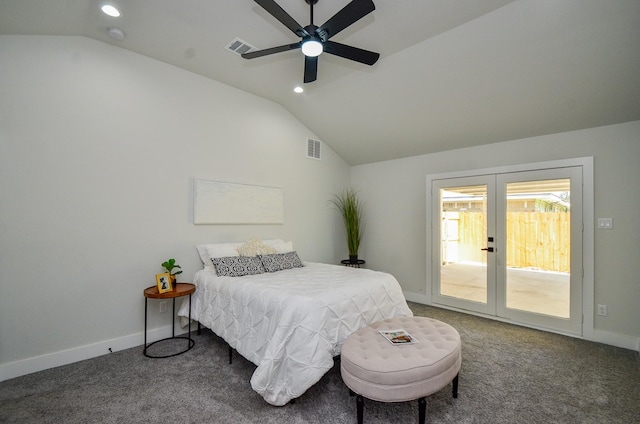 bedroom with visible vents, carpet floors, french doors, and vaulted ceiling