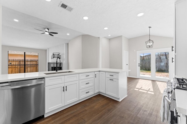 kitchen featuring visible vents, lofted ceiling, a sink, appliances with stainless steel finishes, and a wealth of natural light