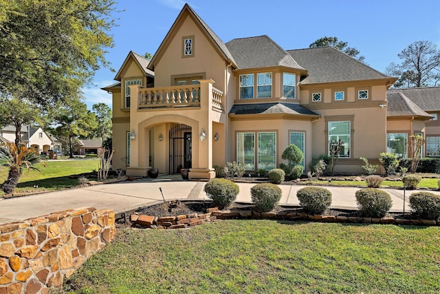 view of front facade featuring stucco siding, a balcony, and a front yard