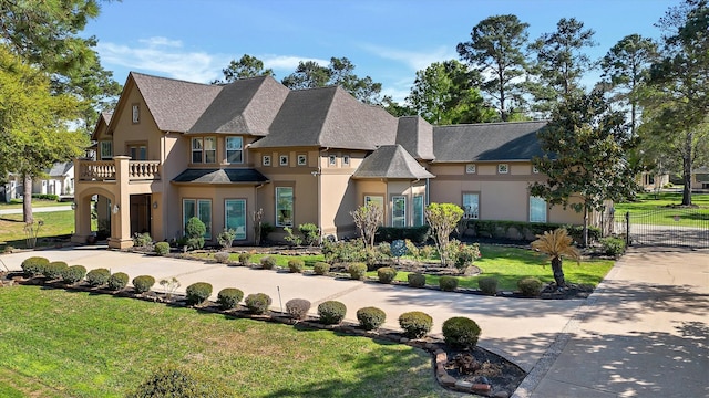 view of front of house with stucco siding, a balcony, roof with shingles, and a front yard