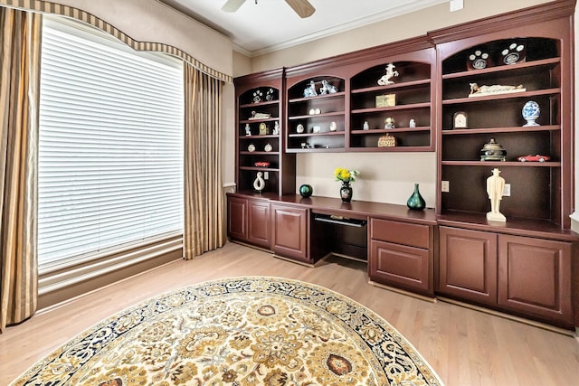 office with crown molding, a ceiling fan, light wood-type flooring, and built in study area