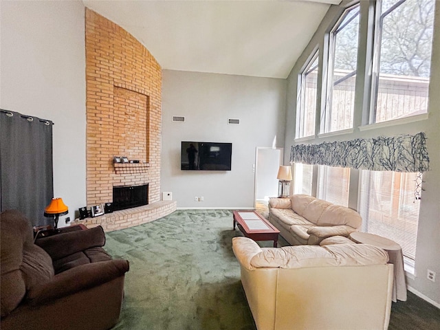 living room with baseboards, visible vents, high vaulted ceiling, a fireplace, and dark colored carpet