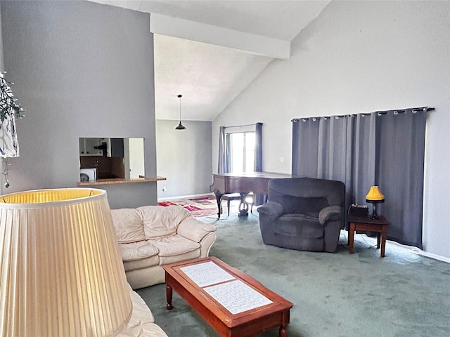 living area with beamed ceiling, carpet flooring, high vaulted ceiling, and baseboards