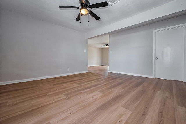 spare room with visible vents, baseboards, light wood finished floors, and ceiling fan